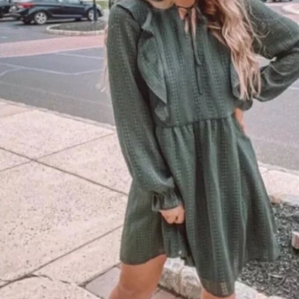 LOFT Dress Textured Ruffle Swing Dress Forest Dark Green Boho Petite XSP